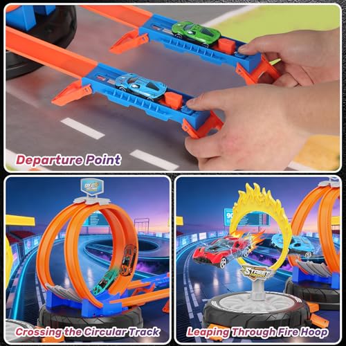 Image of Toy Car Race Track Set for Kids Ages 4-8, Stunt Tire-Shaped Case Transforms into Race Course, 6 Cars in 1:64 Scale, 2 Ways to Play, Action Loop Cyclone Challenge & Speed Snap Track