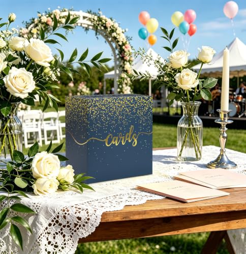 Image of Navy Blue Wedding Card Box with Gold Foil Navy Gift Card Holder Box for Party Graduation Wedding Reception Birthday Baby Shower Retirement Cardboard Envelope Raffle Box with Slot