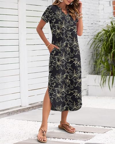 Image of MISFAY Women's Summer Maxi Dress 2026 Casual Short Sleeves V Neck Loose Sundress Split Long Beach T Shirt Dress