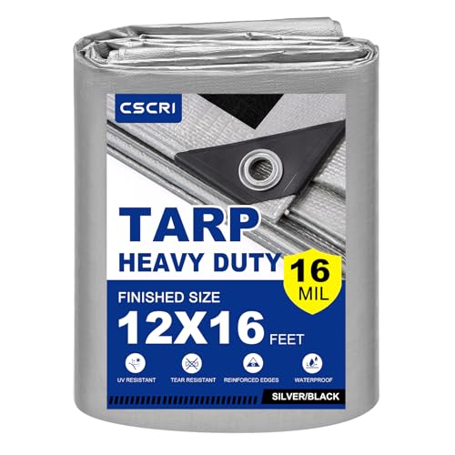 16Mil Finished Size 12x16 Tarp Heavy Duty Waterproof, Large Outdoor Multipurpose Protective Cover (Silver/Black)