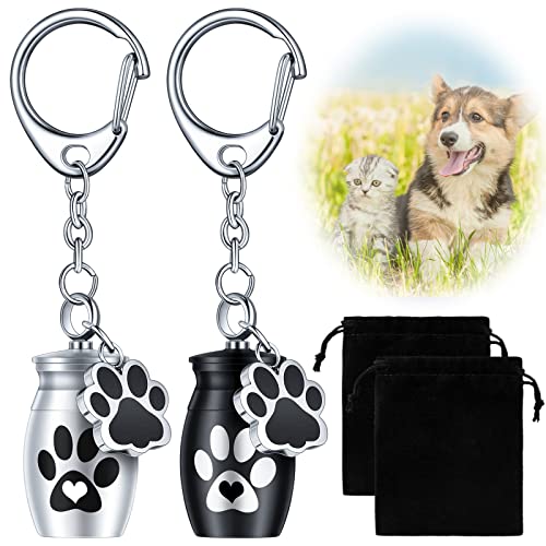 Tudomro 2 Pcs Pet Dog Urns Keychain for Ashes with 2 Storage Bags Small Cat Cremation Keepsake Jewelry Paw Print Memorial Urn(Cute Style)