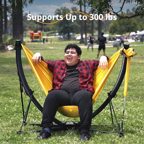 Image of Set Up in 3 Seconds Swing Chair with Stand,Outdoor Indoor Adjustable Portable Aluminum Alloy Hammock Chair (Swing Chair Black)