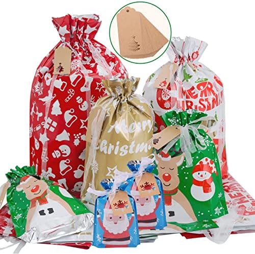 40pcs Drawstrings Christmas Gift Bags Assorted Sizes, Holiday Gift Bag Bulk Christmas Bags For Gifts Wrapping, Reusable Plastic Xmas Presents Party Favor Goody Bags Jumbo/Extra Large/Medium/Small