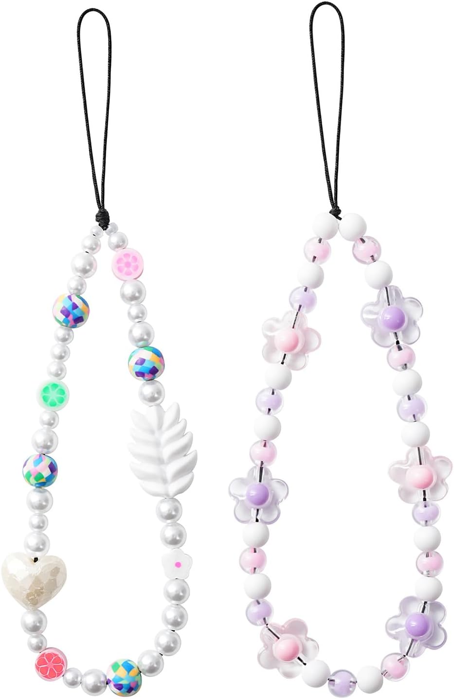 2 Pcs Cell Phone Charm Cute Beaded Wrist Strap Colorful Fruit Heart Pearl & Purple Pink Flower Chain Sweet Aesthetic Handmade Lanyard Bracelet for iPhone Samsung Wristlet Accessories Womens