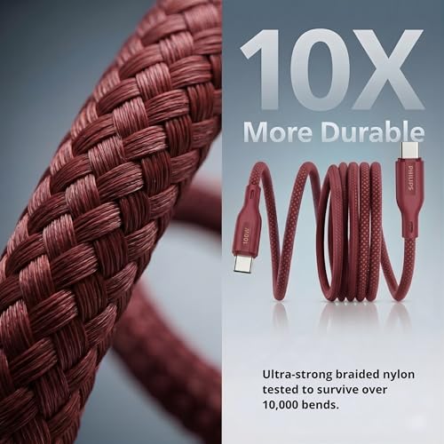 Image of PHILIPS DLC7130CI /94 100W Magnetic Type-C to Type-C Fast Charging Cable (1m, Iron Red) | Nylon Braided | Compatible with iPhone 15+ Series, USB-C iPad Models, Samsung Galaxy & All Type C Devices