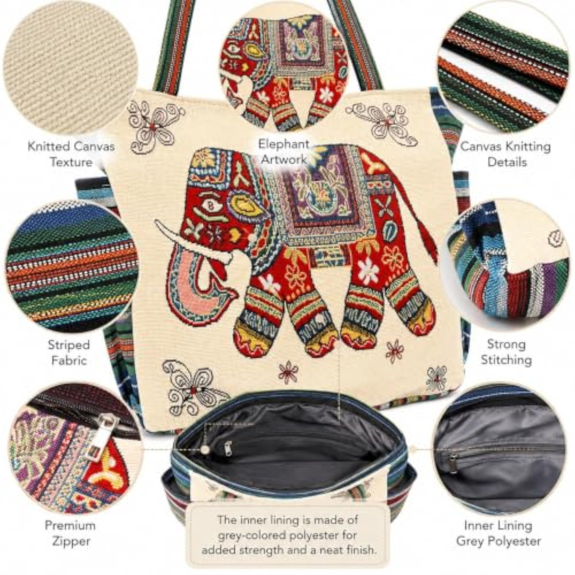 Boho Elephant Embroidered Canvas Tote Bag