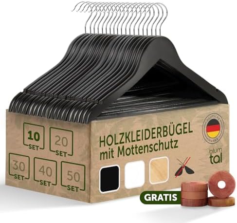 Blumtal Kleiderbügel Holz 10er Set - Holzbügel mit 360° drehbarem Metallhaken - Kleiderbügel Schwarz mit Zedernholz Mottenschutz - Kleiderbügel Holz Schwarz mit Anti-Rutsch-Schicht