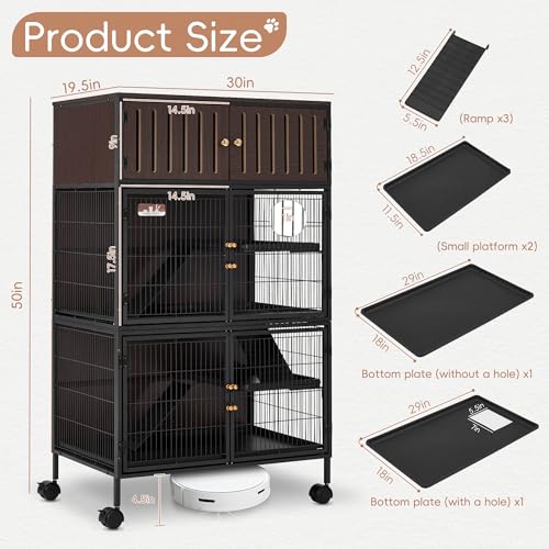 HABUTWAY 50''H Metal Large Ferret Cage, Rolling Chinchilla Cage with Removable Ramps& Double Door, Critter Nation with Locker, Small Animal Cage Indoor Wooden Pet Crate Furniture - Image 4