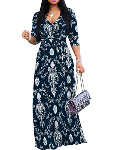 Image of Women's V Neck Floral Maxi Dress 3 /4 Sleeve Plus Size Boho Wrap Flowy Long Dresses with Belt