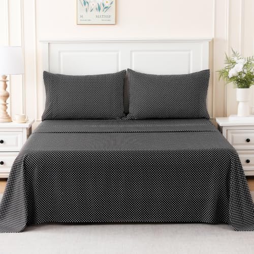 Image of MCO 4Pieces Polka Dot Sheets Set, Breathable King Sheet Set with 16 inch Deep Pocket, Modern & Luxury, Brushed Microfiber Bedding Set(King, Polkadot Black)