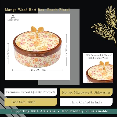 Image of Handcrafted Premium Wooden Roti Casserole, Roti box, Chapati Box, Hotpot roti box, Roti Dabba, Wooden Roti box with Gold Embossed Butterfly Knob(9x9x4 Inch)