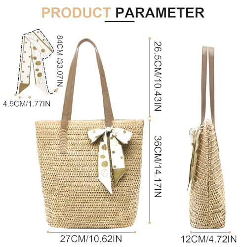 Bolso de paja para playa Long Keeper - Bolso tote grande tejido para mujer con cremallera, ideal para vacaciones y días festivos miniatura 3