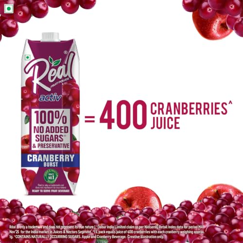 Image of Real Activ Cranberry Juice 1L | No Added Sugar, Colors or Preservatives | Rich in Antioxidants & Vitamin C | Refreshing Tangy Fruit Drink | Healthy Beverage for Daily Hydration