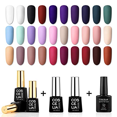 30Pcs Gel Nail Polish Set Red White Pink Black Green Nude Colors Gel Polish Kit 8ml with Long Lasting Matte and High Gloss Shine Finish No Wipe Gel Base and Top Coat