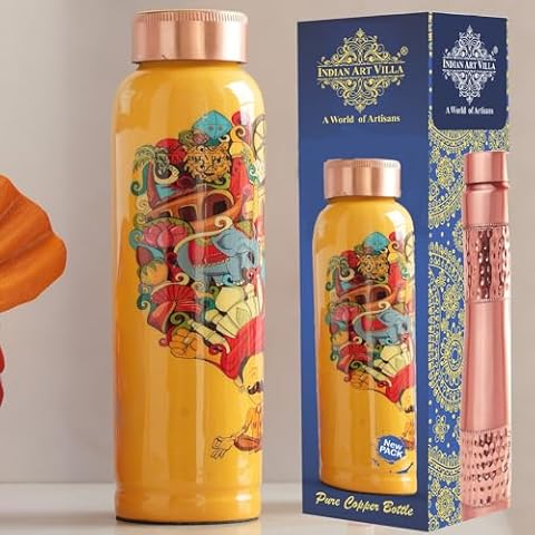 INDIAN ART VILLA Copper Water Bottle 900 ml, “Padharo Mhare Desh” Theme, Rajasthani Meena Printed Design, Handcrafted (0.9 litre), IAV-CC-7-213-PMD-1 Cover