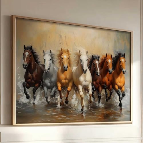 Image of HOTHOUSE Seven Running Vastu Lucky Horse Painting | 7 Horses Vastu Frame Wall Art Painting for Living Room Bedroom Office Home Decor Wall Decor Size (19X25 inch)