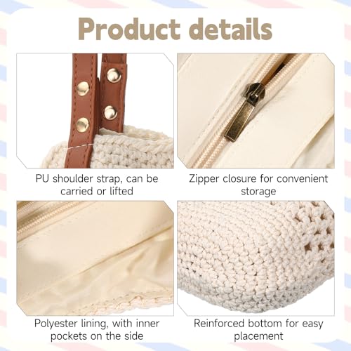 Bolso de playa tejido a ganchillo, bolso tote bohemio para verano, color beige, de algodón tejido, para mujer, ideal para viajes, vacaciones y fiestas (13,8 x 3,9 x 13,8 pulgadas) miniatura 4