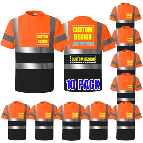 10 Pack Custom Logo High Visibility Safety Shirts ANSI Class 3 Standard Personalized Reflective Work Shirts for Men (Orange/Black-Shortsleeve,XX-Large)