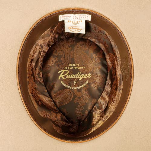 Image of RUEDIGER Vintage Pencil Brim Fedora Hats 100% Wool Felt Hat Panama Rancher Hat with Lightning Logo Handmade Distressed /Burned