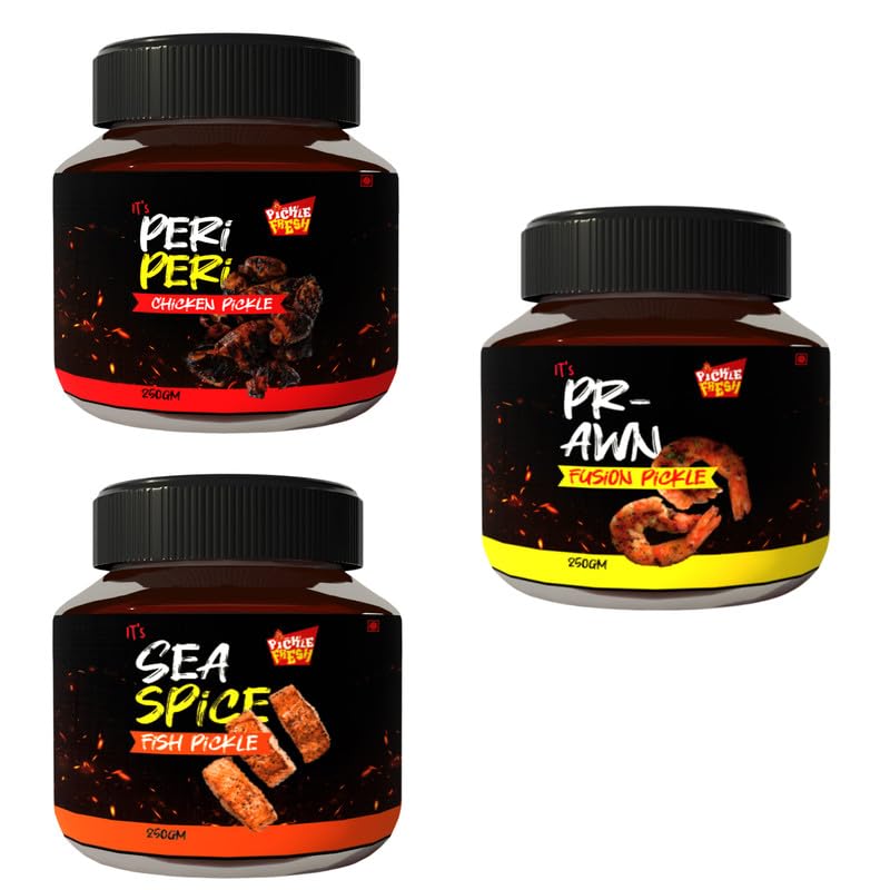 pickle fresh spicy peri-peri chicken, prawn and sea fish pickle combo – pack of 3, 250g each | no preservatives