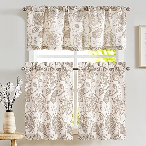 JINCHAN Kitchen Curtains Set Farmhouse Kitchen Curtains Valances Floral Kitchen Window Curtains Kitchen Curtains 24 Inch Length Sets Tier Curtains Rod Pocket 3 Piece Kitchen Curtain Set Taupe on Beige