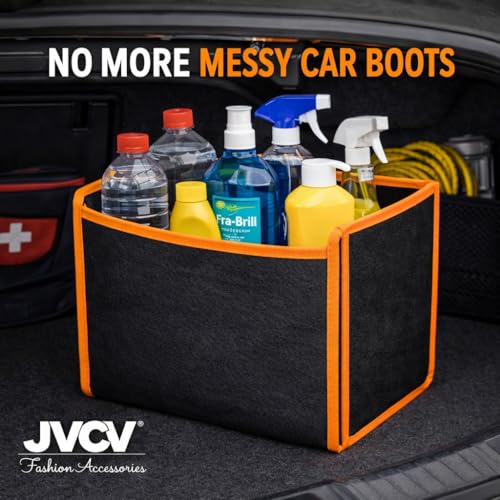 Image of JVCV Car Trunk Organizer Storage Bag with Mesh Pocket | Foldable Boot Storage Box | Durable Black Organizer | 29x30x17 cm | Multipurpose Car Storage | Small - Black Orange