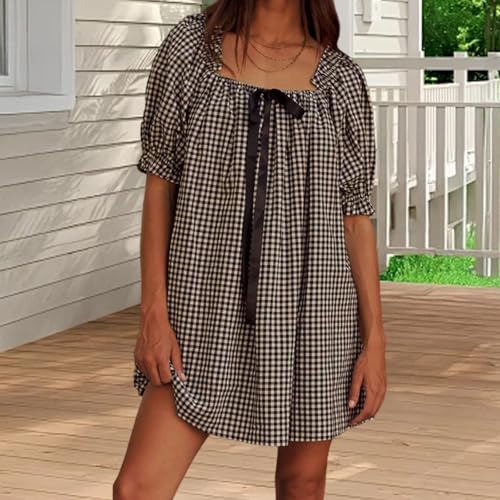 Image of Women Y2k Puff Sleeve Babydoll Dresses Square Neck Tie Back Mini Dress Summer Solid Off Shoulder Flowy Sundress