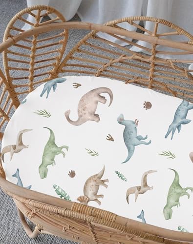 Image of Bassinet Sheets for Baby Girls Boys 2 Pack, Fitted Baby Mattress Sheet for Rectangle, Oval, Hourglass Bassinet Mattress, Breathable Cozy & Universal Fit (Dino Pals, Bassinet Sheet)
