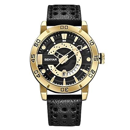 Luxury Business Casual Golden Case Party-Wear Black Leather Date Display Watch for Men