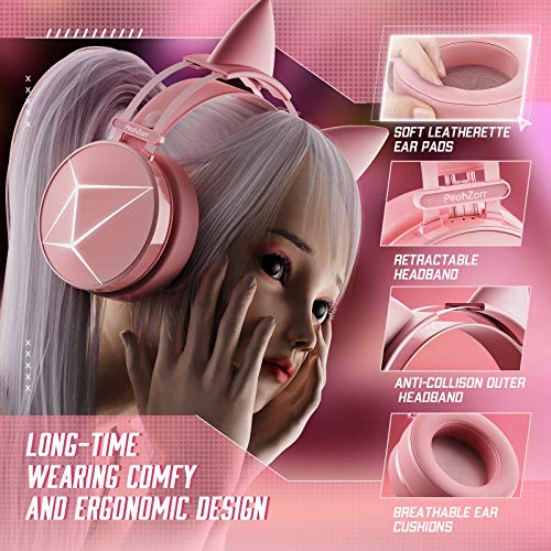 PeohZarr Pink Gaming Headset PS4 Headset Xbox One Headset, PC Headset with LED Lights, Detachable Cat Ear Headphones, Compatible with Xbox One Controller(Adapter Not Included), PS4, PS5