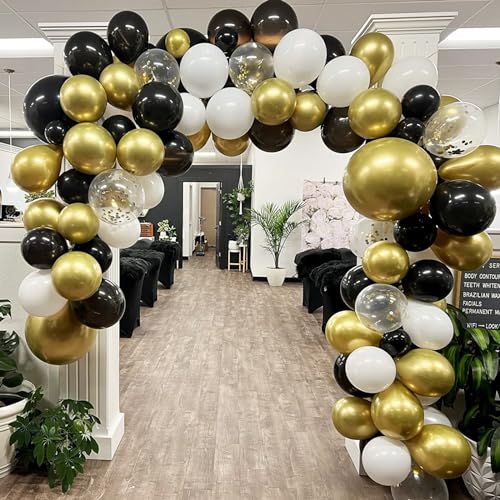 Image of Black Gold Balloons, 60 Packs 12 Inch Black White and Gold Latex Balloons Metallic Gold Black Confetti Balloon Party Decoration for Birthday Graduation Wedding Anniversary Baby Shower Father's Day
