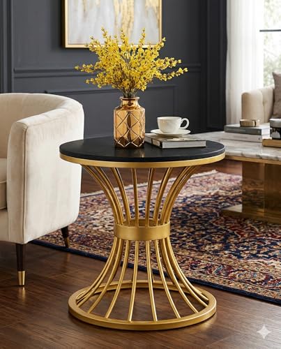 Image of Furniture Cafe Modern Coffee Table for Living Room Center Table Home Decor Round Side Table Space Saving Furniture, Table Top Sturdy Metal Frame Wood Desk Centerpiece Bedroom (Golden /Black)