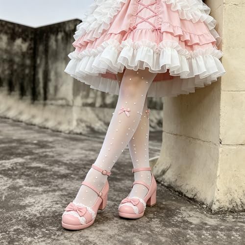Image of MEOTINA Cute Bow Heels Mary Janes Shoes Women Dress Platform Strappy High Heels Kawaii Shoes