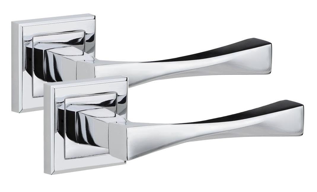 Golden Grace Polished Chrome Straight Astrid Premium Design Door Handles On Square Rose In Finish, 1 Pair