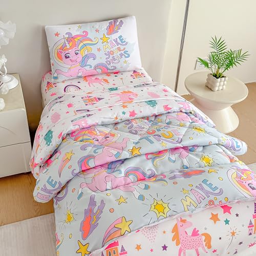 Image of Tailor Shop 4 Pieces Toddler Unicorn Bedding Toddler Unicorn Comforter for Girls Bed in A Bag Includes Quilted Comforter Fitted Sheet Top Sheet and Pillow Case