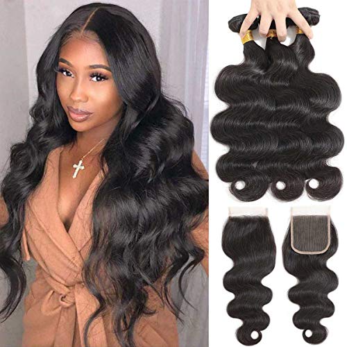 TTHAIR Brazilian 100% Virgin Human Hair Body Wave 3 Bundles With Closure Free Part Swiss Lace 4x4 Lace Closure For Black Women (10'12'14'+10'inch 4"x4")