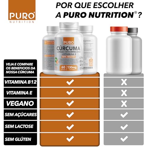 Cúrcuma em Cápsulas Puro Nutrition com Vitamina B12 + Vitamina E, 130mg Cúrcuma Longa por Porção, 60