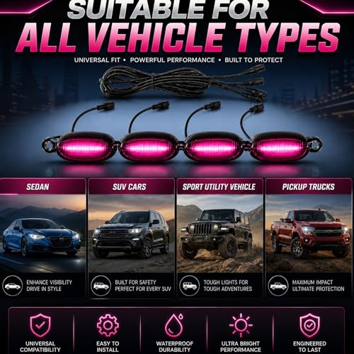 Image of Car Front Grill Set of 4 Pcs Universal Smoked Shell Style DRL Emergency Warning Off-Roading Lights (4 X 4) for All Cars, Vans, SUV, Trucks (Pink)