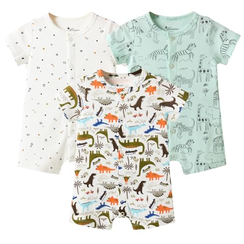 Image of Minicoco Baby Boy 3-Pack 100% Cotton Short Sleeve Rompers-Breathable One-Piece Jumpsuits with Animal Themes for Spring/Summer