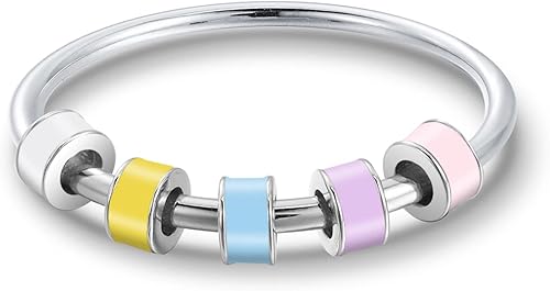 LOVECOM Anillo de plata de ley 925 para aliviar la ansiedad, con cuentas de esmalte coloridas, anillo giratorio para aliviar el estrés, para mujeres