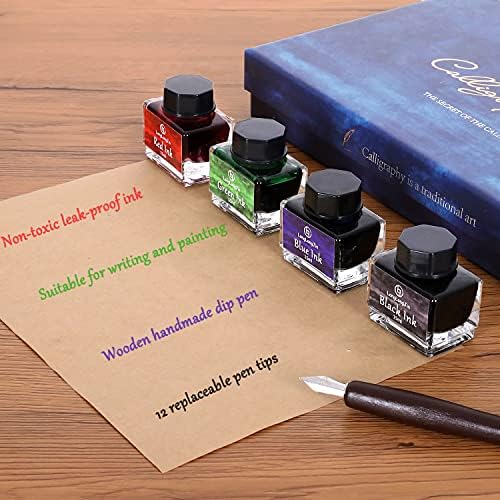 Calligraphy Set for Beginners-calligraphy Fountain Pen,2 Wooden Dip Pen, 12 Replaceable Stainless Steel Tips, 4 Bottles of of Ink,1pen Holder