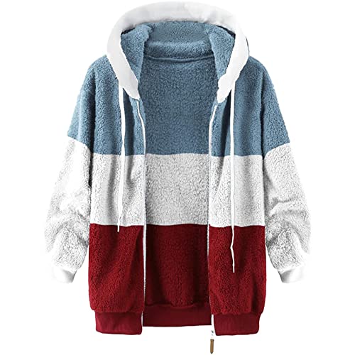 Fuzzy Fleece Jackets for Women Plus Size Hoodies Fall Winter Coats Color Block Patchwork Cardigan Coat with Pockets