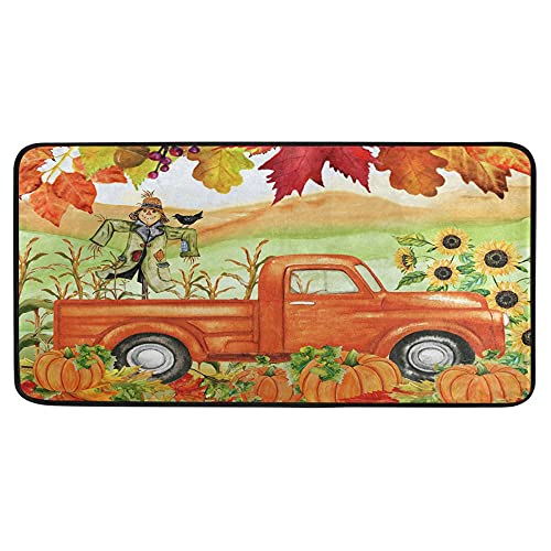 Autumn Truck Pumpkin Kitchen Rugs Thanksgiving Sunflower Maples Floor Comfort Mats Bath Rugs Entryway Welcome Non Slip Area Rug For Bedroom Living Room Doormats Home Decor 39" X 20" #TOP16