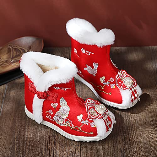 Toddler Ethnic Style Cotton Boots for Gilrs Cloth Shoes Warm Winter Snow Boots Neoprene Kids Boots Winter (Red, 9-9.5 Years Big Kids)4