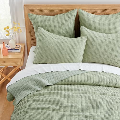 Image of Levtex Home Mills Waffle Full /Queen Quilt Set (88x92in) with 2 Pillow Shams (26x20in) - Desert Sage - 100% Cotton Full /Queen Size Quilt Bedding Set - Lightweight, Soft, Pre-Washed