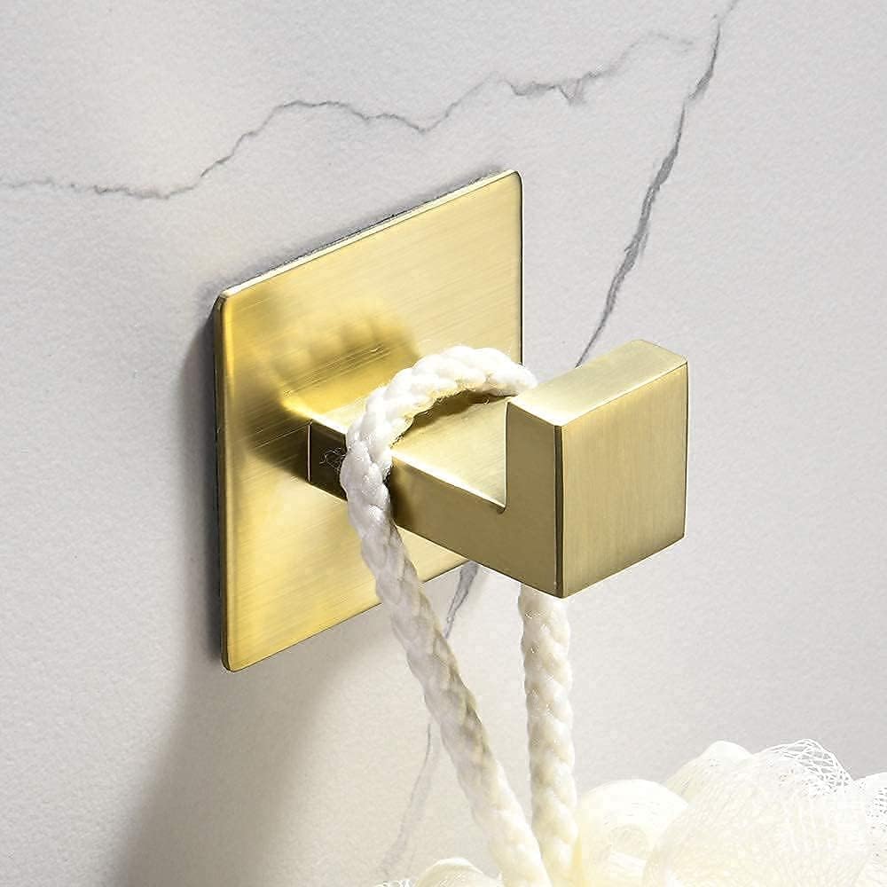 WOLIBEER Self Adhesive Towel Hook, Brushed Gold Bath Robe Hook 4 Packs No Drilling Stainless Steel Coat Hanger Sticky Wall Hook for Bathroom