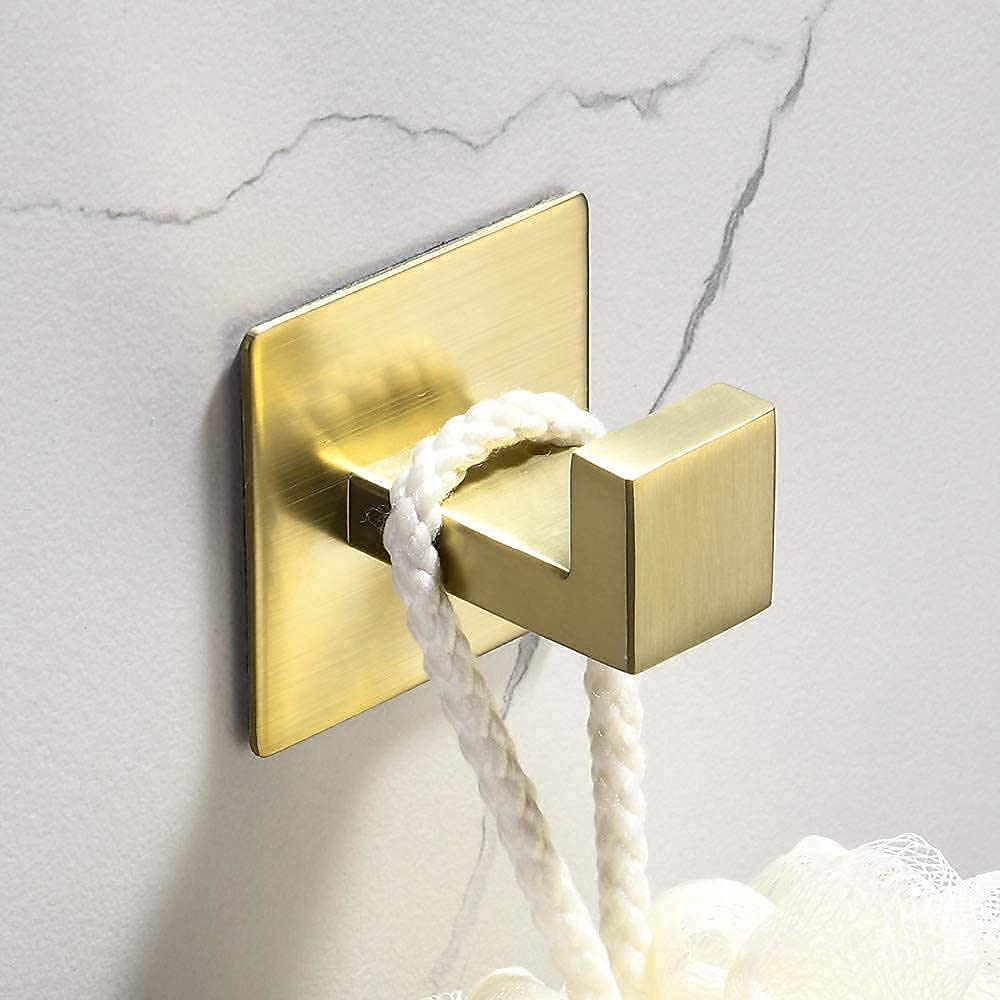 WOLIBEER Gancho autoadhesivo para toalla, color dorado cepillado, paquete de 4 unidades, sin taladrar, gancho de pared adhesivo de acero inoxidable para baño
