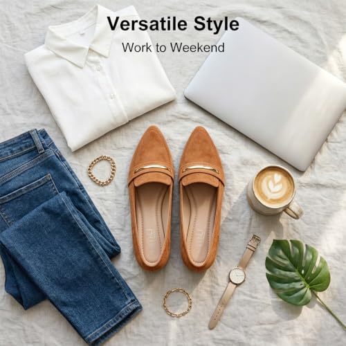 Image of MUSSHOE Loafers for Women Pointed Toe: Dressy Gold Bit Flats, Suede BusinessCasual Slip On Shoes for Office Work,Interview & Teacher