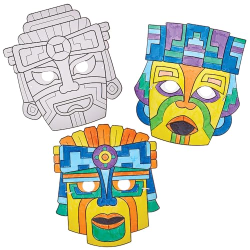 Baker Ross FN021 Máscaras aztecas para colorear - Pack de 8, Kits educativos para manualidades, recursos educativos