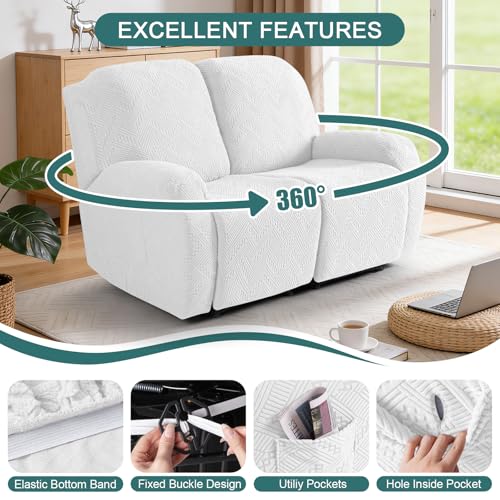 Image of Ruaozz Recliner Sofa Covers Recliner Chair Covers Extra Wide Loveseat Recliner Slipcovers with Pockets Washable Furniture Protector with Elastic Bottom (2 Seater-X Large, Ivory)
